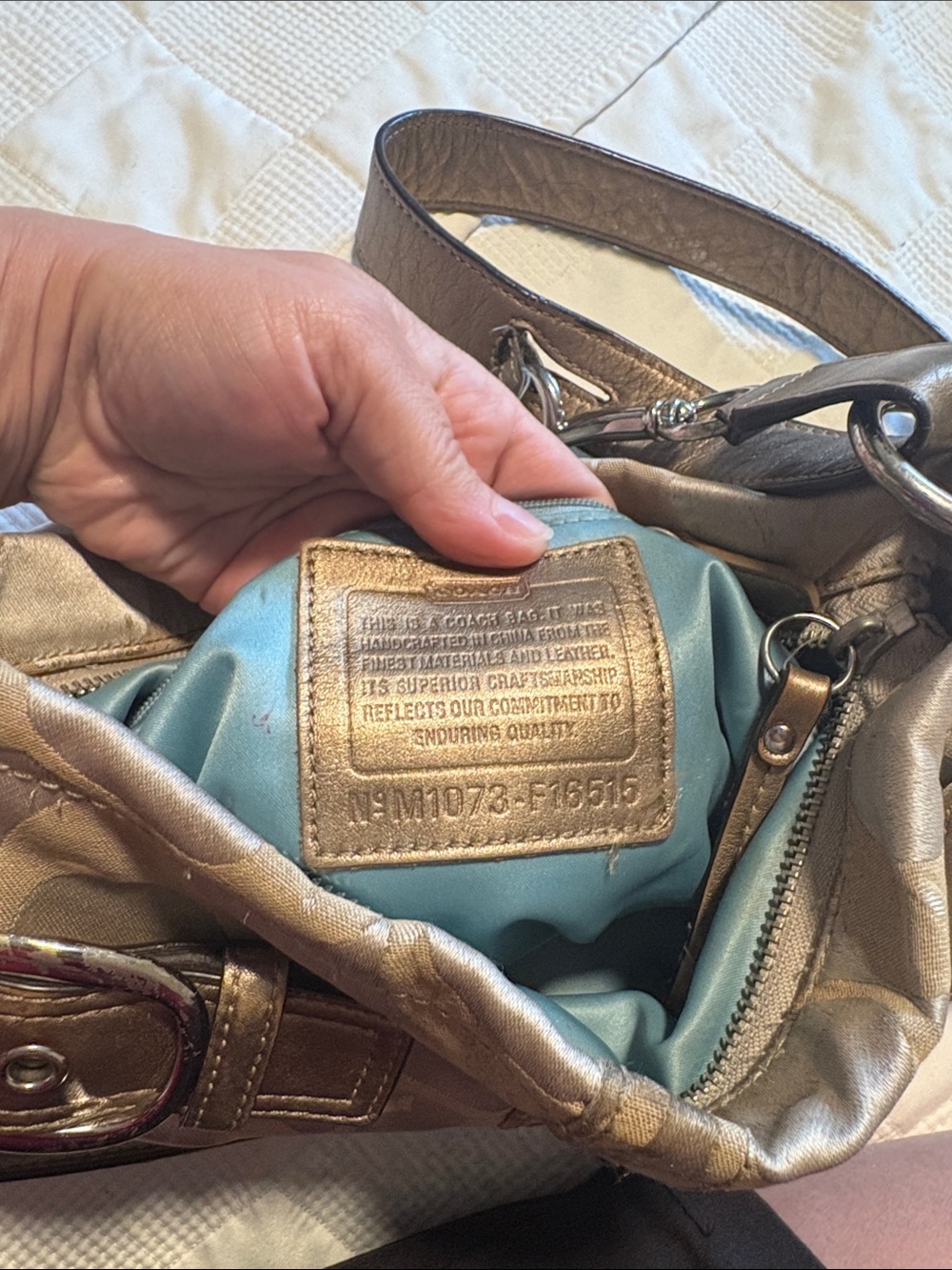 Coach Beige Signature Shoulder Bag with Buckle Accents and hang tag. - Picture 7 of 8